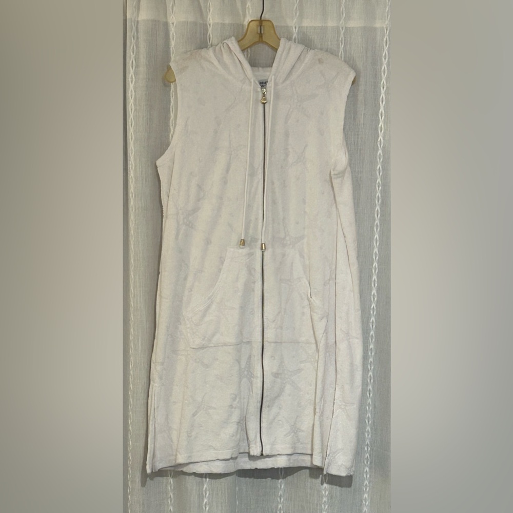 Paradise Bay white, hooded, terry cloth zipper coverup/robe w/ pockets. Sz. M